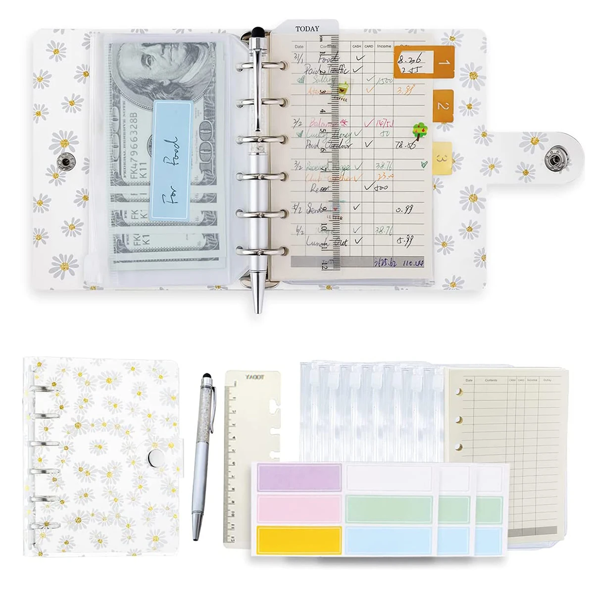 

A7 Transparent Daisy Binder 5.39x4.33" Daily Planner Notebook with Pouch Bags, Bookmark Ruler , Refill Paper, Label Sticker