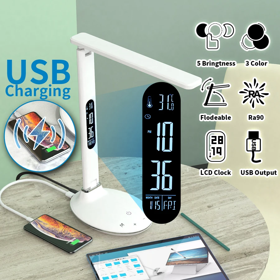 

Led Desk Lamp USB Charging Eye Protect Reading Night Light Table Calendar Clock Display LCD Screen Bedrood Bedside Lamps LEENKGO