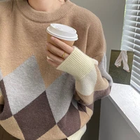 2022retro hit color diamond lattice knitted pullover sweater womens 2021 autumn and winter thickening outer wear loose top deat