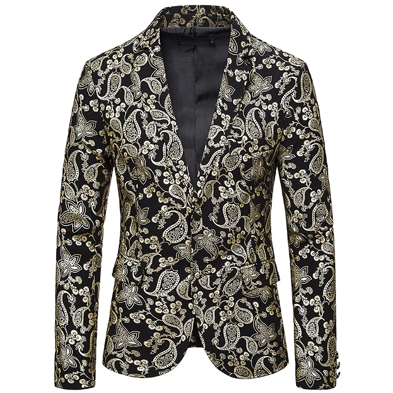 

Mens Blazer Jacket Tuxedos Casual Cashew Fower Bronzing Print Floral Slim Mens Suits Coats Stage Costumes Silver Gold New
