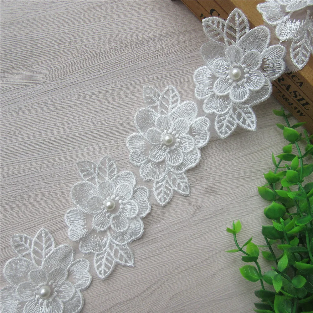 20x белая жемчужная Цветочная вышитая кружевная отделка по краям Лента ткань в