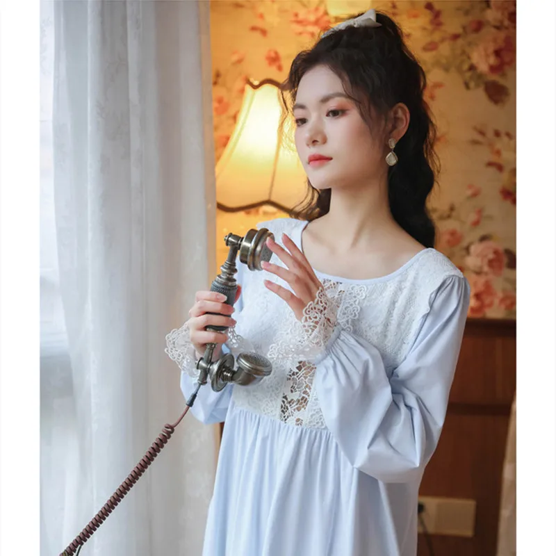 

Spring New Sexy Embroidered Long-sleeved Nightdress Female Pure Cotton Palace Style Retro Sweet Princess Loose Nightdress
