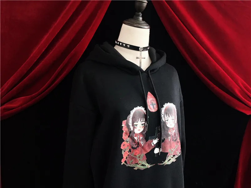 Милая Женская Толстовка Harajuku Готический мультяшный принт плюс бархат с капюшоном модная повседневная панк уличная темная Толстовка Осень