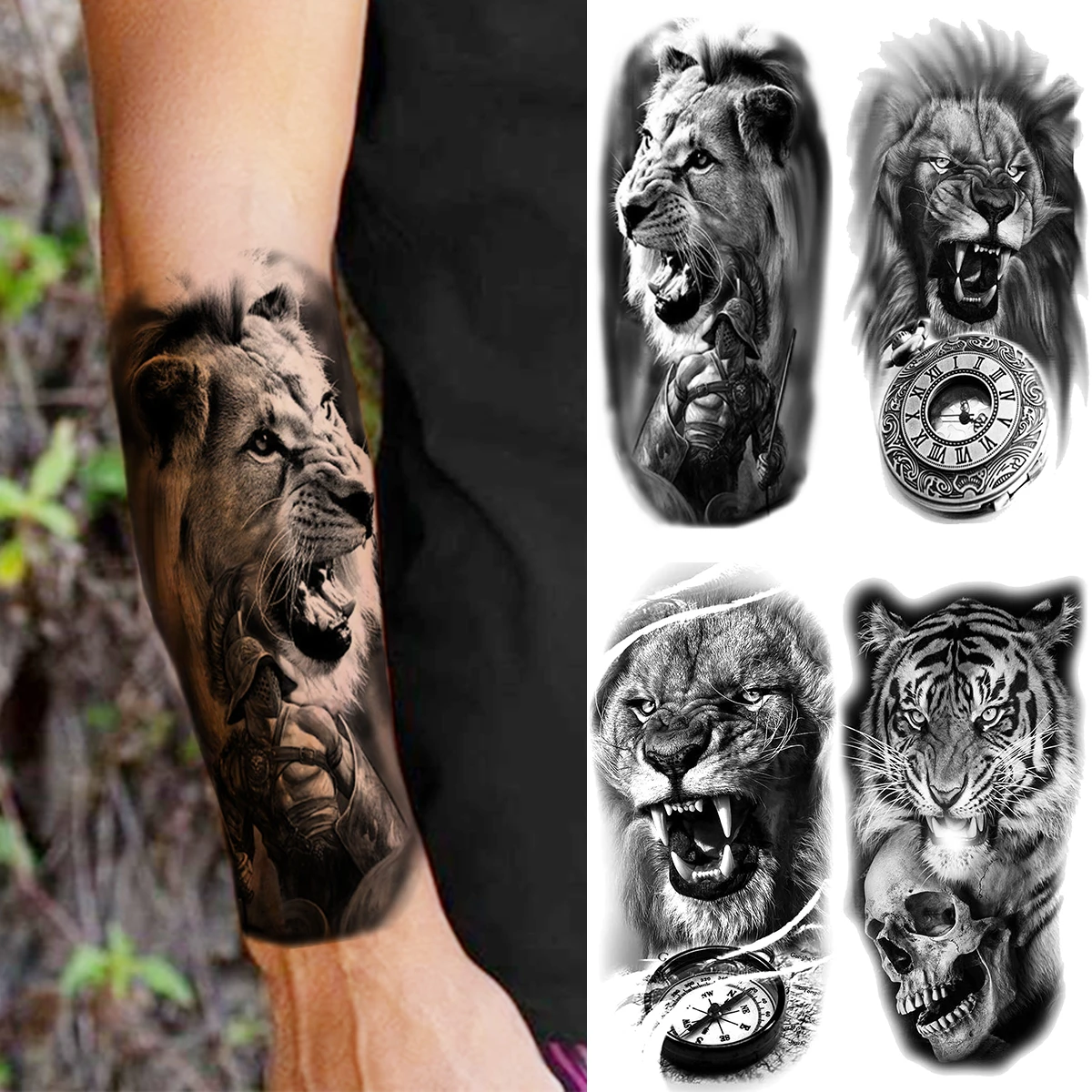 

3D Realistic Lion Warrior Temporary Tattoos For Men Adult Women Tiger Compass Skull Fake Tattoo Arm Waterproof Half Sleeve Tatoo