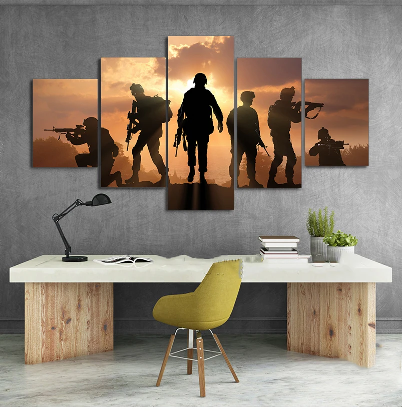 HD Printed 5 Piece Patriotic US military Painting soldiers Canvas with army Sunset Wall Pictures for Living Room battlefield - купить по