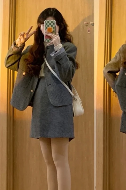 Осенний корейский Костюм с юбкой новинка 2021 текстурный серый темпераментный