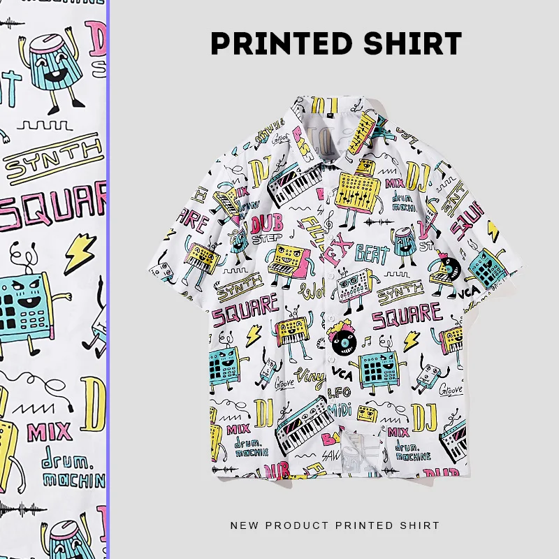 

2021 Summer Fashion Cartoon Doodle Print Men's Hawaiian Shirts Japanese Harajuku Loose Casual Beach Shirts Short Sleeve Clothing