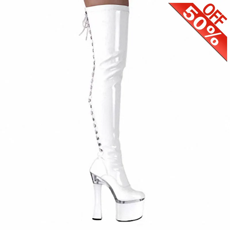 

Сапоги на высоком каблуке 18 см, водонепроницаемые белые сапоги до колена на массивном каблуке, со шнуровкой, из лакированной кожи, 8 дюймов, с...