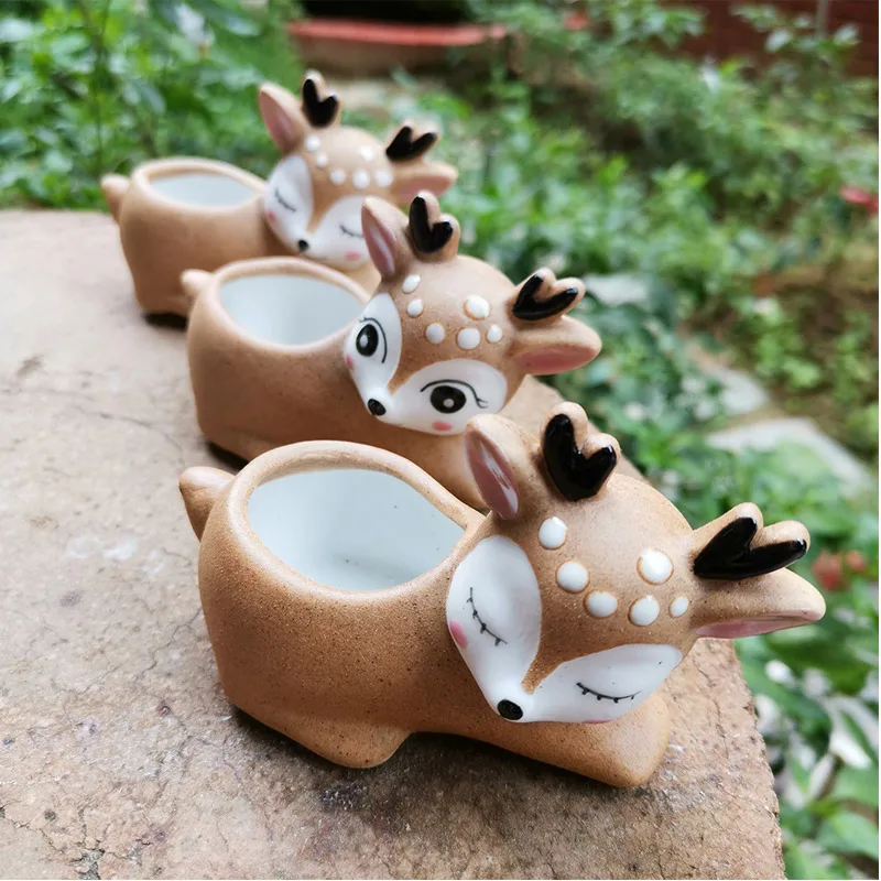 Керамический горшок с картинкой оленя для суккулентов, кактусов, милые животные, волшебные садовые украшения для дома и офиса, небольшие украшения.
