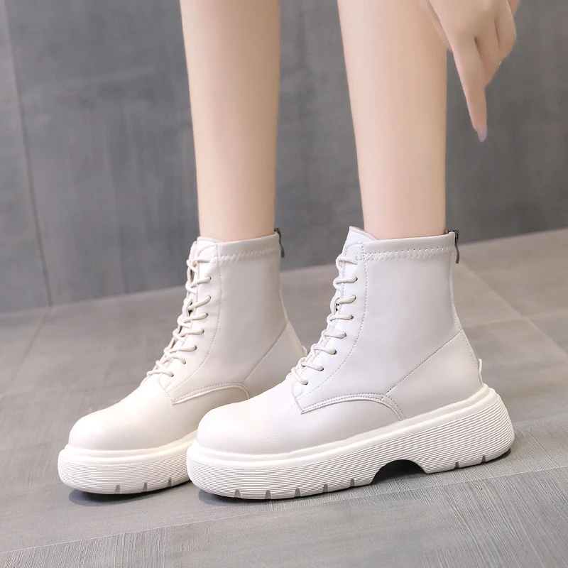 

Fashion British Style Women'S Autumn Ankle Boots 2021ladies Leather Sneakers Platform Fall Shoes Mid Calf Boots Woman Shoe Black