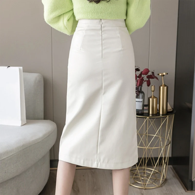 

Women's PU Front Split A-Line Skirts Autumn Winter Solid High Waist Hip Package Female Skirt 2021 Korean Girls Sweet Bottoms