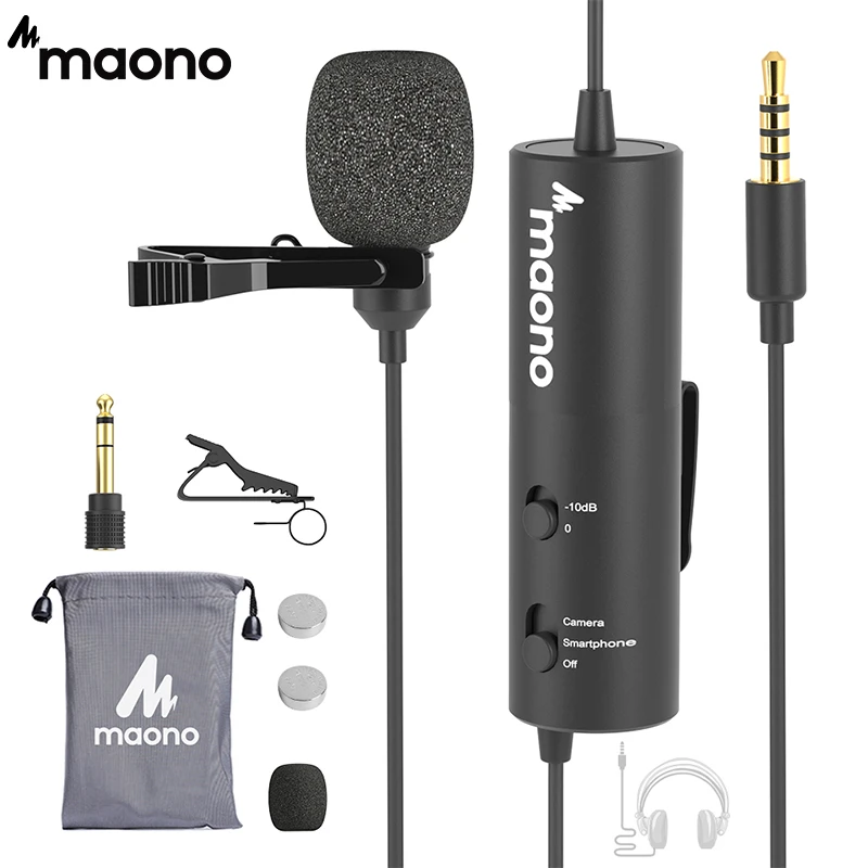 

MAONO Lavalier Microphone 6M Clip-on 3.5mm Collar Condenser Lapel Mic for Recording Phone DSLR Camera With Headphone JACK AU-102