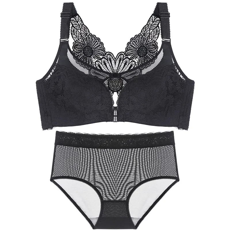 

Pretty mm big cups gather and adjust type large size underwear set without steel support women Front button plus size bra set