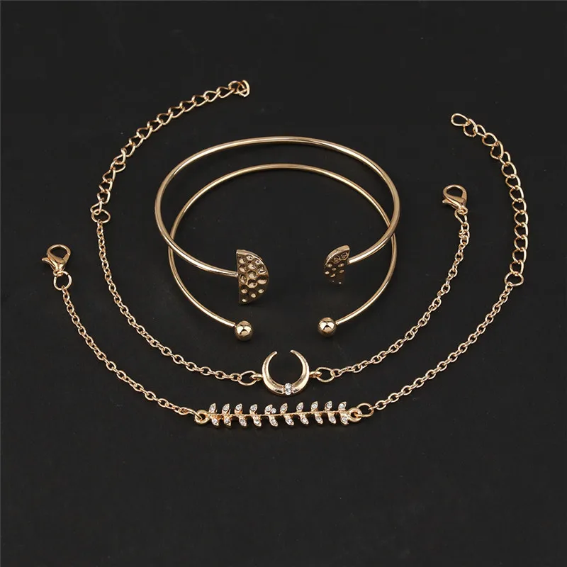 Retro Female Moon Leaves Round Crystal Gem Chain Opening Gold Geometry Beach Bracelet Set Fashion Jewelry Gift | Украшения и