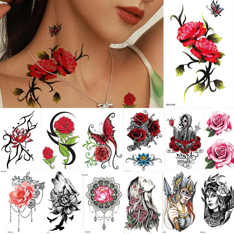 

Neck Waterproof Temporary Tattoo Sticker Butterfly Flowers Imitation Tattoos Stickers Big Arm Belly Wolf Fake Tato Women grils
