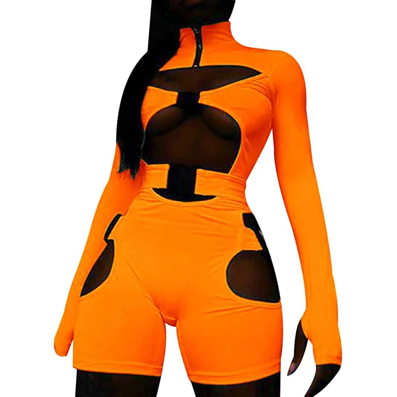 

Женский пикантный комбинезон с вырезами, однотонный комбинезон на молнии с высоким воротником и длинным рукавом для взрослых, женская одеж...