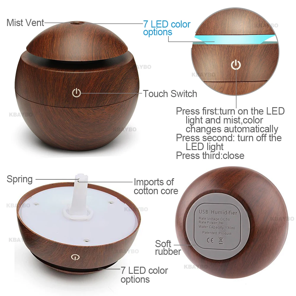 KBAYBO Aroma Essential Oil Diffuser Ultrasonic Cool Mist Humidifier Air Purifier 7 Color Change LED Night light for Office Home | Бытовая