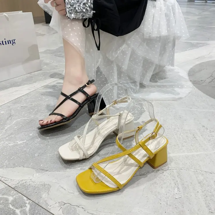 

Fashion Womens Shoes 2021 Female Sandal Block Heels Buckle Strap Open Toe Luxury Girls Chunky Low New Clear Peep Beige High