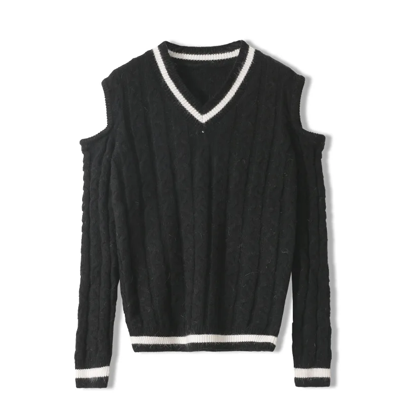 

Spring Elegant Sweater Women Tops Loose Casual Outerwear England Style Autumn Hollow Out V-Neck Jumpers Slim Knitted Pullover