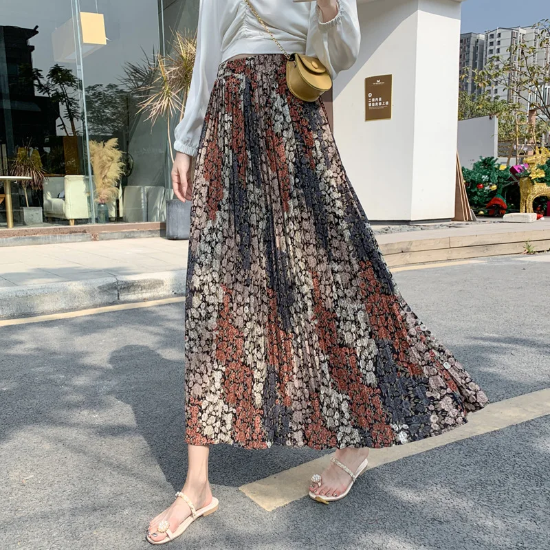 

Bohemian Skirt For Women Summer Elastic Waist Floral Print Pleated Long Skirt Female Vacation Skirts Hwaii Clothing