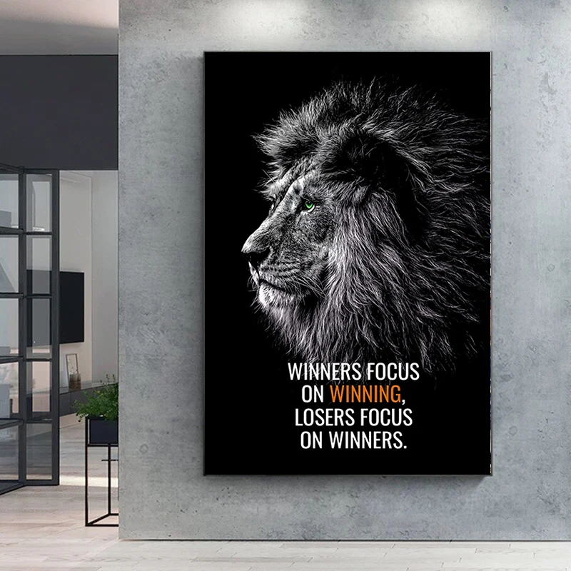 

Modern Abstract Black White Lion Inspirational Winner Canvas Painting Posters and Print Wall Art Picture for Living Room