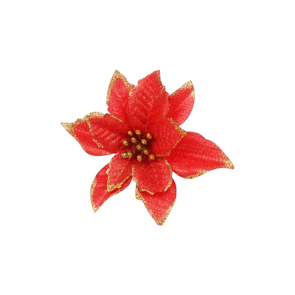Red(13cm) 12pcs/lot Artificial Christmas Flowers Plastic&Cloth Glitter Hollow Flower For Christmas Tree Decoration DIY Xmas New Year Decor - Цвет: Red(13cm)