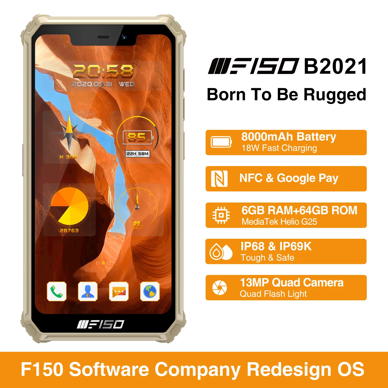 Смартфон F150 B2021 6 + 64 ГБ IP68 8000 мАч 5 86 дюйма Helio G25 восемь ядер 13 МП