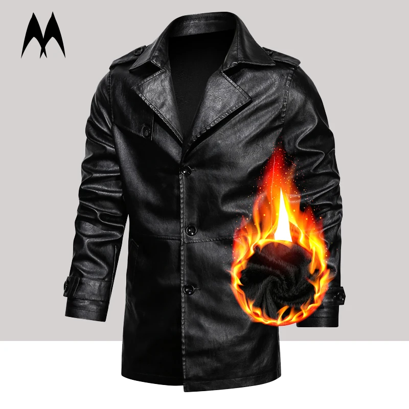 Мужская Утепленная куртка из ПУ кожи на флисе средней длины|Куртки искуственной