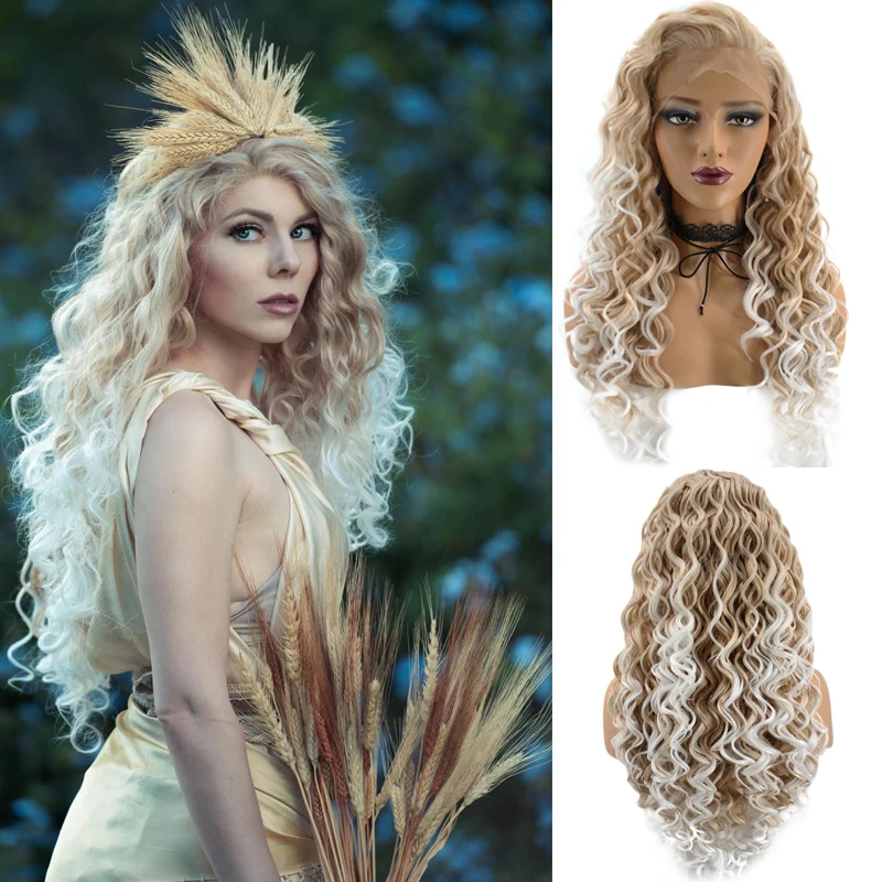 Ebingoo Hair cap+ высокотемпературное волокно натуральный длинный кудрявый платиновый блонд синтетический парик на кружеве с бесплатной частью