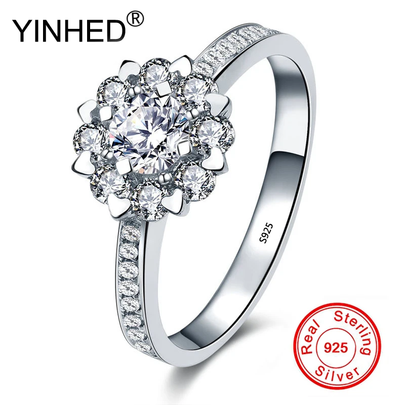 

YINHED Logo S925 Sterling Silver Wedding Ring AAA Zircon CZ Diamant Snow Flower Engagement Rings for Women Jewelry Gift ZR619