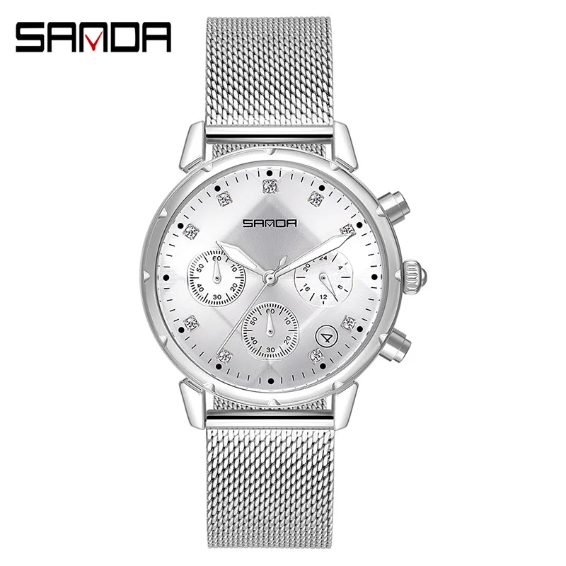 

Часы Sanda женские кварцевые, простые водонепроницаемые наручные, с браслетом из нержавеющей стали, со стразами, серебристого цвета