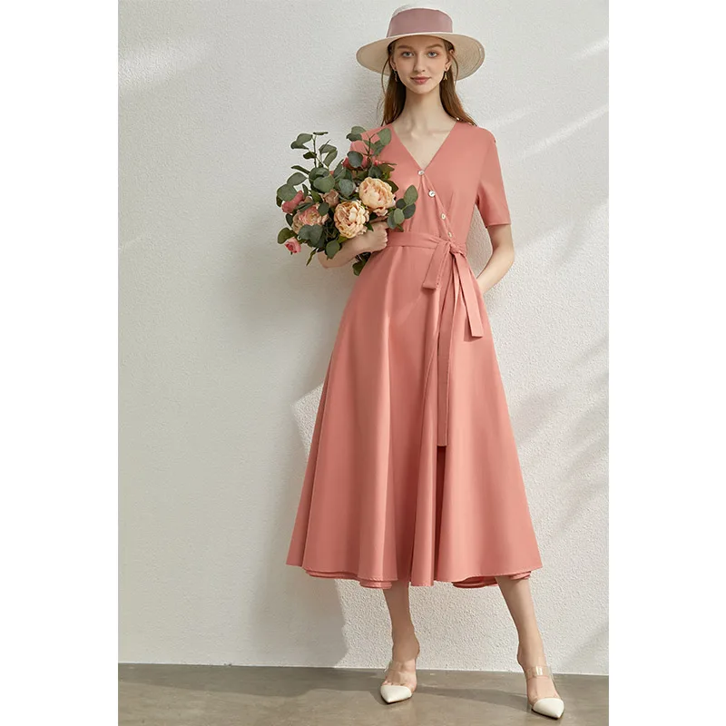 AMII минимализм сезон: весна-лето V образным вырезом приталенное женское платье на