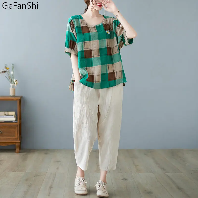 

2021 Summer Women 2Pcs Plaid Short Sleeve Blouse+Pants Office Lady Cotton Linen Set Casual Loose Fashion Tops And Trousers Sets