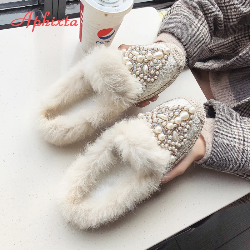 Aphixta Зимние Теплые Тапки из натурального меха женская обувь кружевные жемчужные