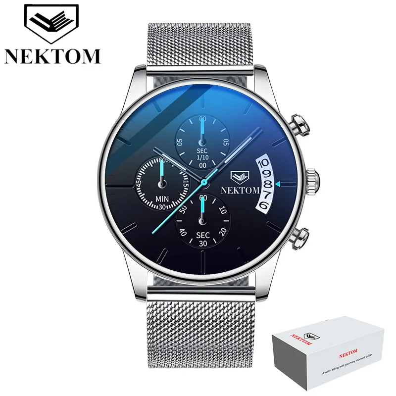 Mesh silver box Часы с хронографом, спортивные мужские s часы, лучший бренд, Роскошные водонепроницаемые полностью стальные светящиеся кварцевые часы для мужчин, Relogio Masculino - Color: Mesh silver box
