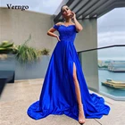 Женское атласное вечернее платье Verngo, синее кружевное ТРАПЕЦИЕВИДНОЕ ПЛАТЬЕ с открытыми плечами, с разрезом, длинные платья для выпускного бала