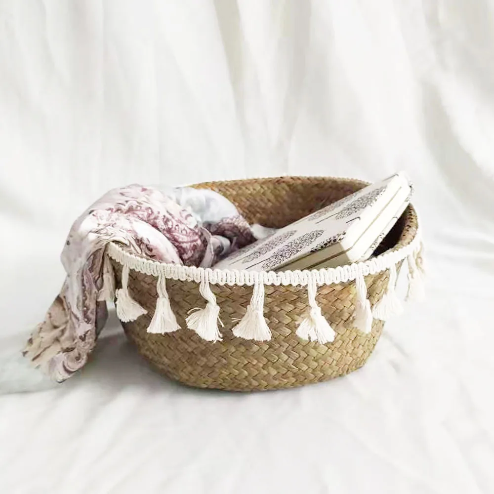 Складная плетеная корзина для морских водорослей горшки цветов с помпоном сумка