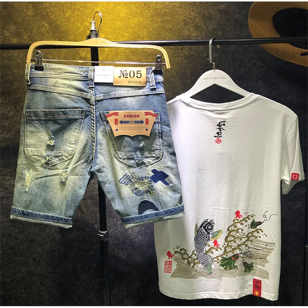 EH · MD®Синие джинсовые шорты с вышивкой мужские хлопковые облегающие брюки белые