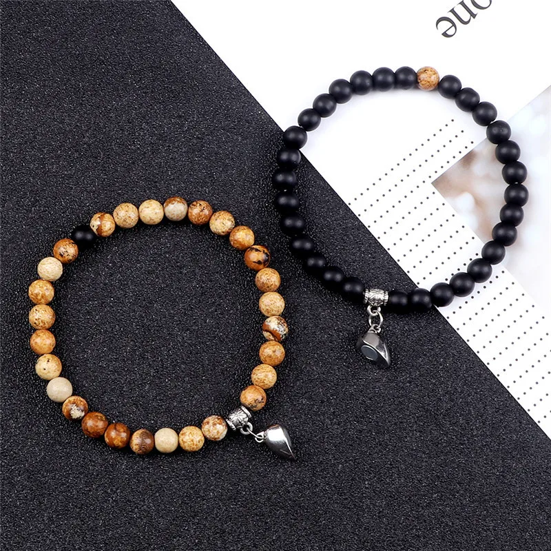 Магнитный браслет 2 шт./компл. 6 мм натуральные черные лавовые камни бусины сердце