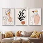 Абстрактная однолинейная картина с листьями, с изображением девушки на спине, минималистская Картина на холсте, постер, нордическая картина, домашний декор