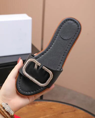 

BONJEAN Summer Bling Bling Buckle Decorations Flat Shoes Sexy Open Toe Women Slippers Black White Red Leather Slides