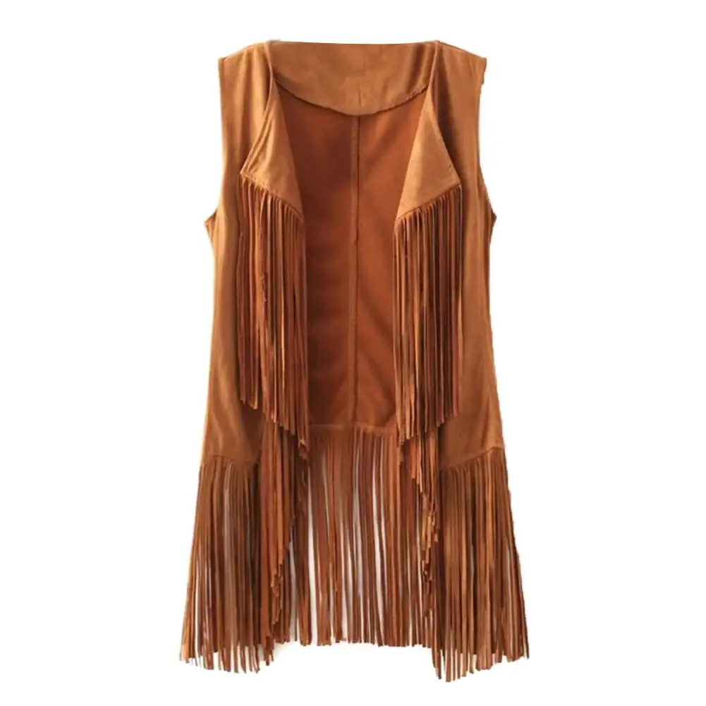 Жилет женский осенне-зимний из искусственной замши без рукавов с бахромой |