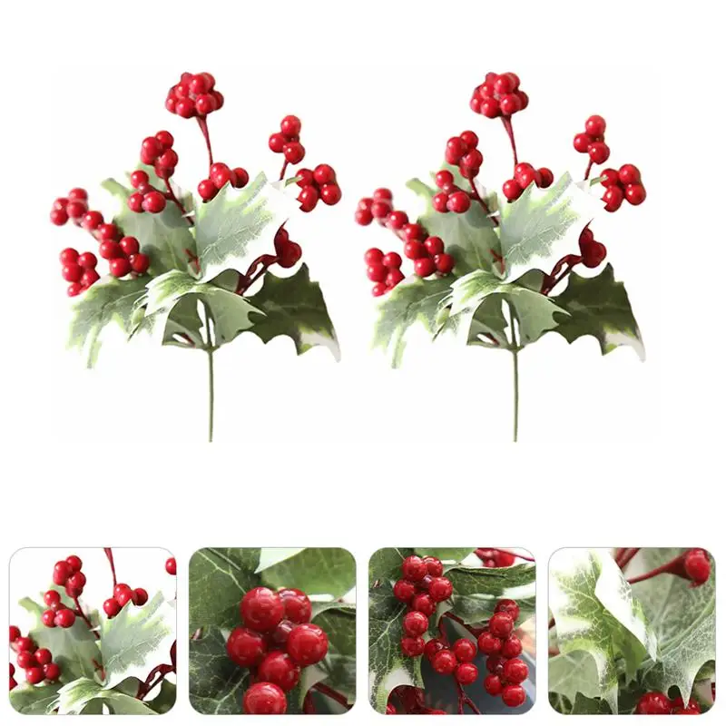 

2pcs Christmas Artificial Holly Berries Fake Red Berry Bunches For Home Decor Christmas Berry Bean Branch Imitation Flower Bean