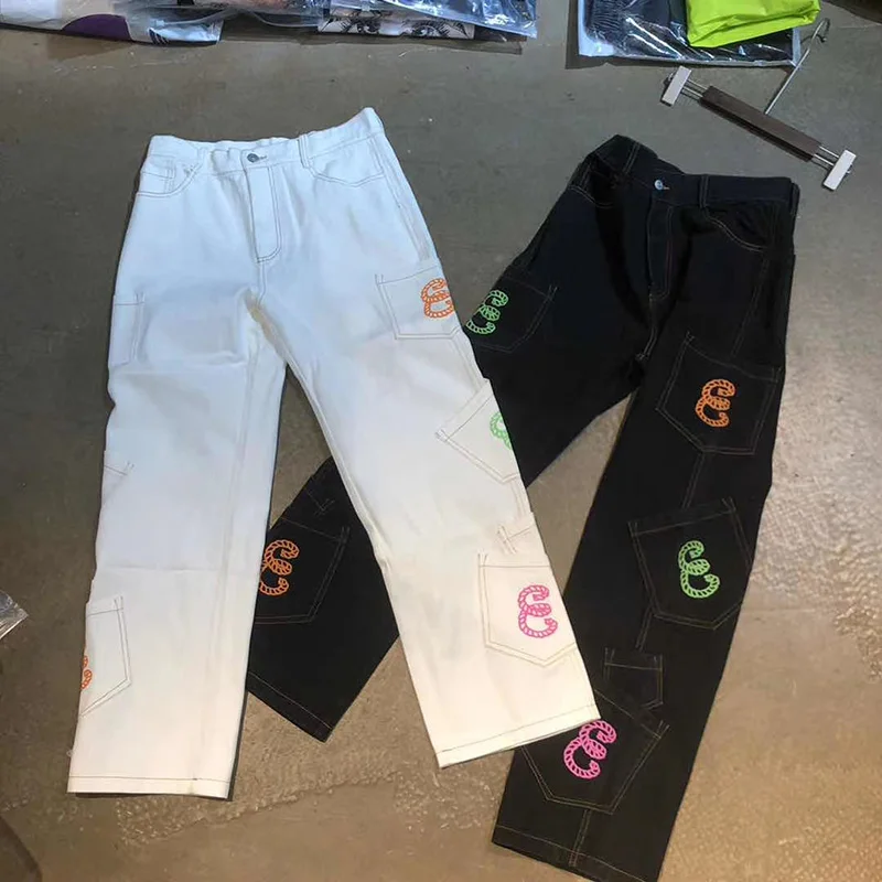 Retro Pocket Letter Print Straight Cargo Pants Men and Women Oversize Jeans Trousers Harajuku Streetwear Casual Denim Pants