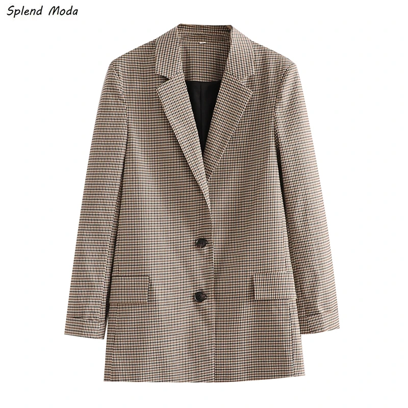 

Женский винтажный однобортный пиджак Splend, повседневный блейзер в клетку с лацканами и длинными рукавами, осень 2021