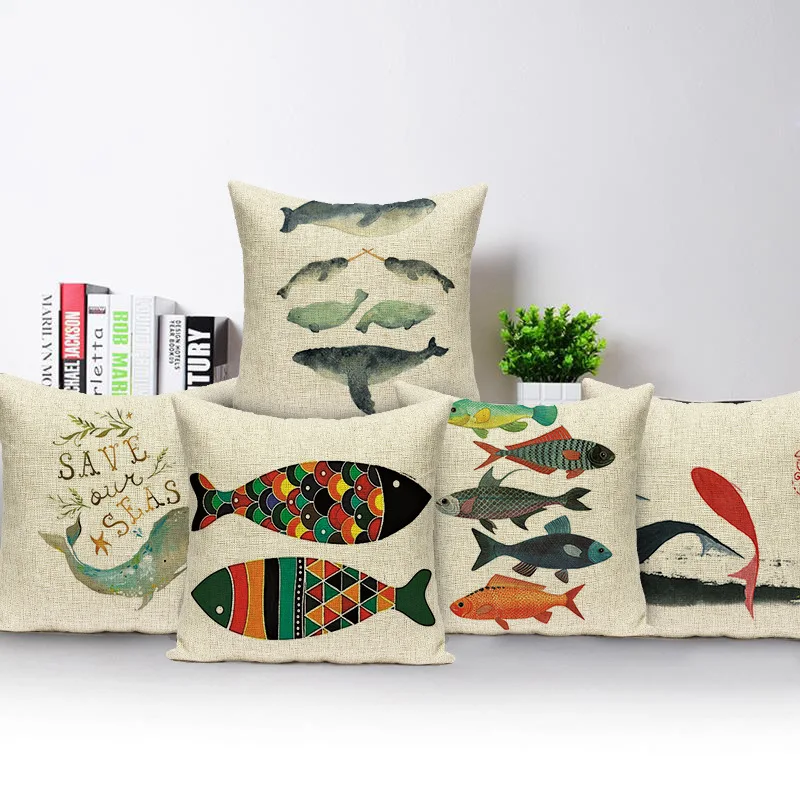 

Sea Animal Printed Linen Pillow Case Whale Tropical Fish Cushion Covers Mediterranean Decorative 45*45cm