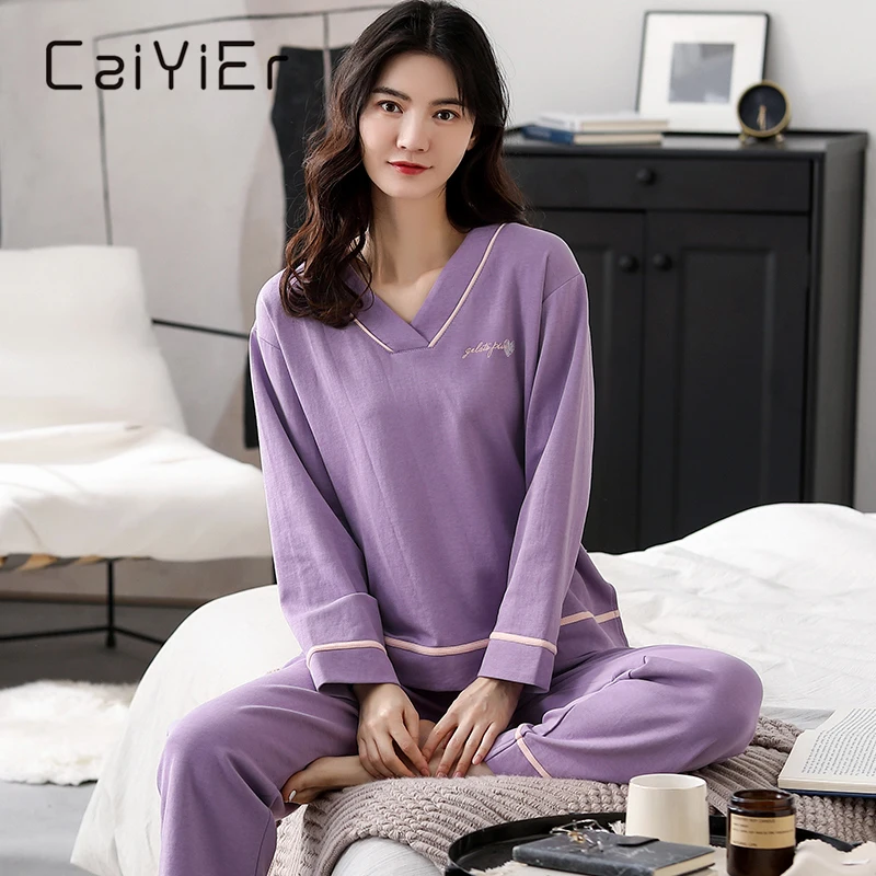 CAIYIER New Solid Cotton Pajamas Set Winter Women Sleepwear Embroidery Letter V-Neck Casual Nightgown Underwear Large Size M-3XL