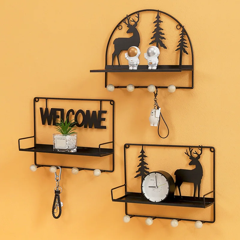 

Nordic Simple Wrought Iron Shelf Storage Rack with 4 Hooks Wall Decor Home Supplies PAK55