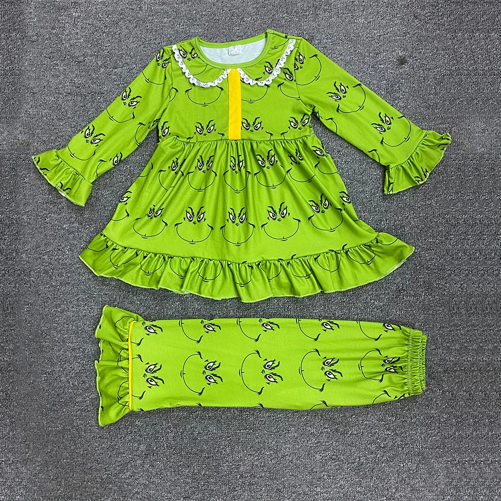 

Autumn Girls Clothes Green Long Sleeve White Lace Collar Skirt And Green Trousers Christmas Green Monster Print Girl Outfits