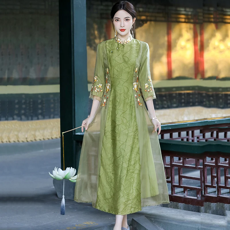 Женское платье-Ципао с воротником-стойкой элегантное платье в китайском стиле